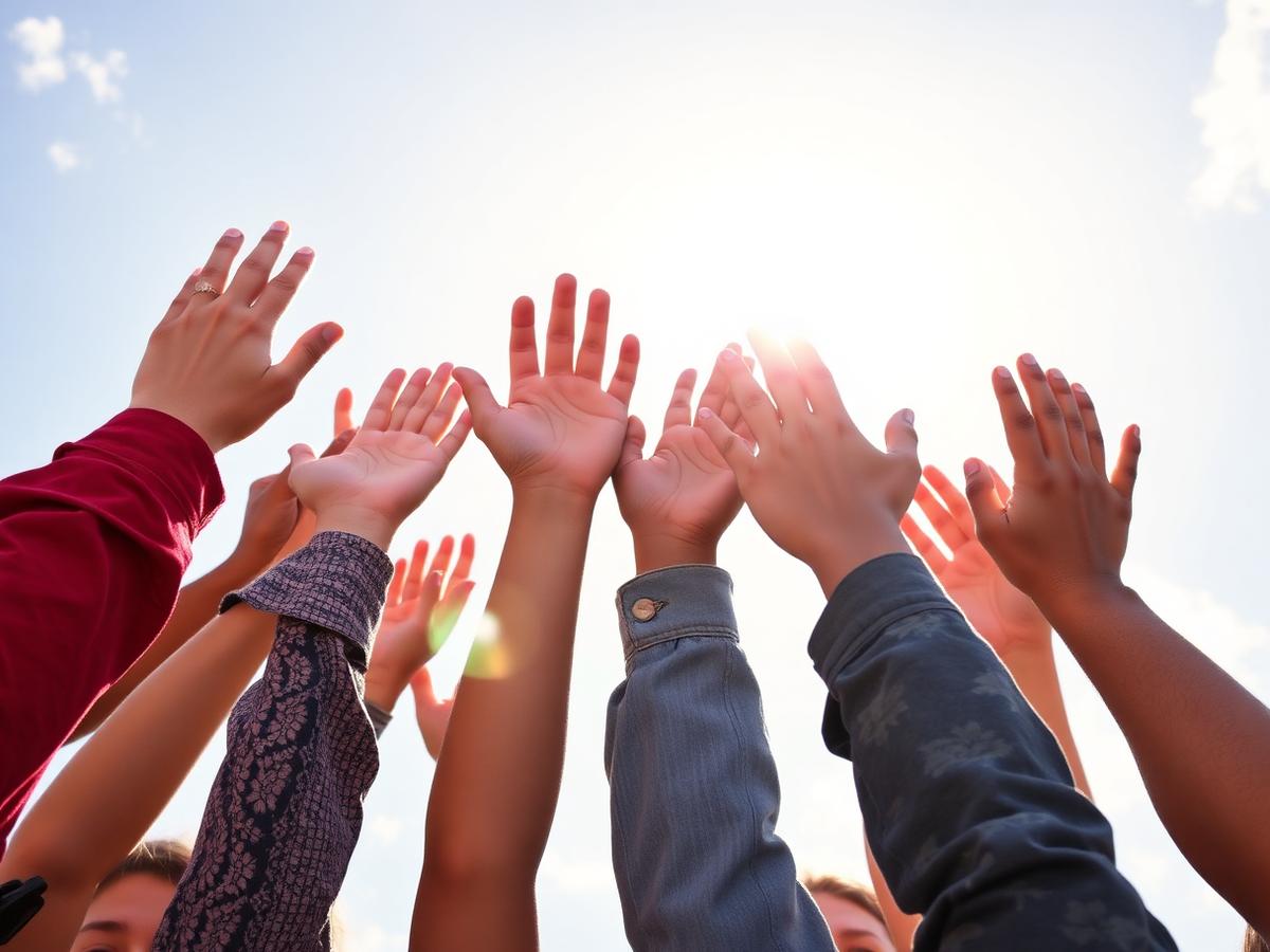 Diverse hands raised toward the sky